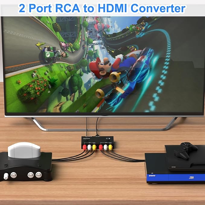 RuiPuo 2 Port RCA/AV to HDMI Converter Adapter Support 16:9/4:3 for WII/N64/PS1/PS2/PS3/VHS/VCR/DVD Players etc(2 AV in 1 HDMI Out)