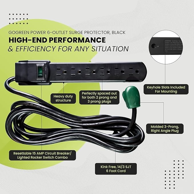 GoGreen Power Inc. (G-16106MSBK-2) 6 Outlet Surge Protector, 6FT Cord, Black, 2 Pack