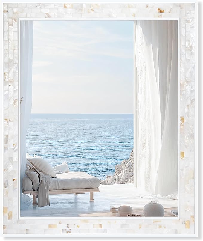 Tanmicoshomy 30 x 36 Inch White Rectangle Wall Mirror, Natural Shell Framed Rectangular Mirror for Bathroom Bedroom, Living Room, Entryway, Wall Mounted Horizontal or Vertical