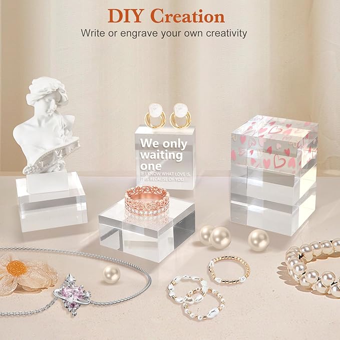 SAMYUCHO Acrylic Base 8 Pieces Acrylic Blocks for Display 2 X 2 X 1 Inch Square Riser Display Stands Trophy Base Pedestal Stands Clear Cube for Trophy Jewelry Props Food Party Crafts