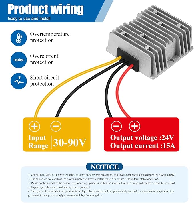 Yancincny 360W 24A 15V DC-DC Buck Converter 36V 48V 60V 72V 84V to 24V 15A Transformer - 30-90V Step Down to 24V Waterproof Power Supply with Fuse for Golf Cart/Truck/RVs/Marine/Solar