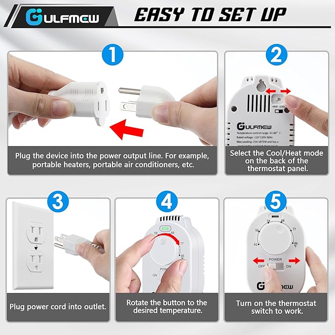 2 Pcs Plug in Thermostat for Heater, Thermostat Plug Outlet with 4.9FT Power Cord, Heating and Cooling Thermostats Outlet with Temperature Probe for Space Heater, Greenhouse Fan (White)
