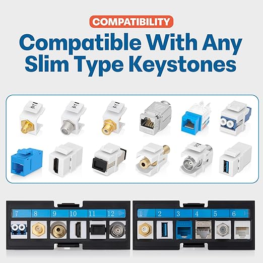Everest 24 Port Keystone Patch Panel (1-Pack) - Removable 6-Port Panels - Use with Slim Profile Keystones ONLY (Wider Jacks May not fit Side by Side) - with Adjustable Rear Cable Management Bar