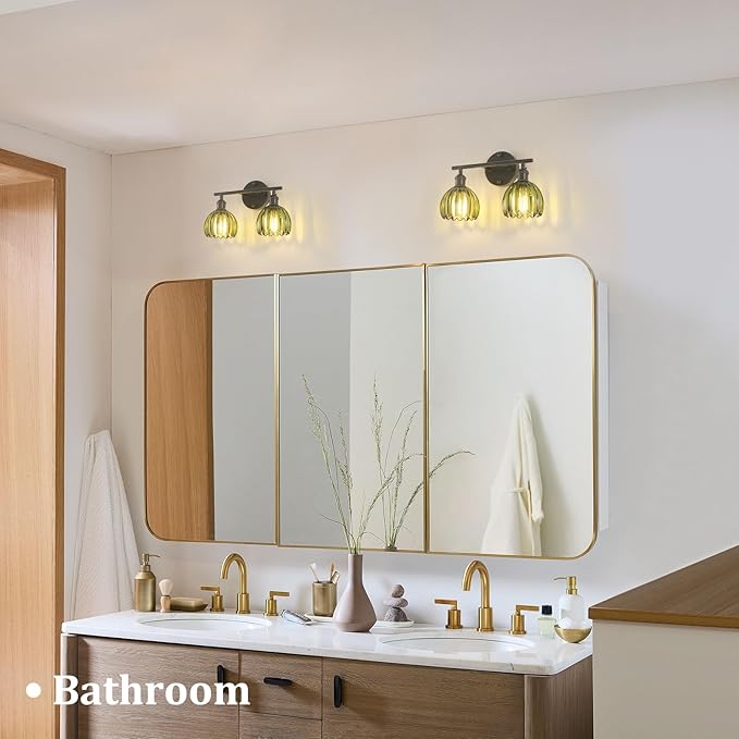 Shenmoyl Bathroom Light Fixtures, 2-Light Black Vanity Wall Light Over Mirror with Green Tulip Glass Shade for Bedroom Living Room (Bulb Not Included)