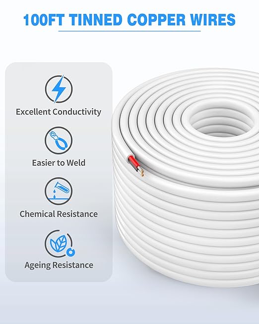 NAOVEO 14 Gauge Wire 2 Conductor Electrical Wire, 14 AWG Stranded PVC Tinned Copper Cable, Flexible/Low Voltage Automotive Wiring for LED Lamps, Marine, Speaker, Appliances (100FT)