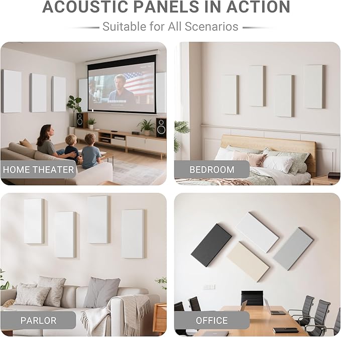 4 Pack High-Density Core with Fabric Cover Acoustic Panels – 24×12×2 In Self-Adhesive Soundproofing and Sound-Absorbing Wall Panels for Echo Reduction in Studio, Theater, or Recording (Linen White)