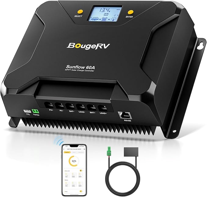 BougeRV Sunflow MPPT Solar Charge Controller 60A, w/Low-Temp Cut-Off, APP Control, Backlit LCD, 60 Amp Solar Panel Regulator 12V/24V for LiFePO4, SLD, Gel, FLD, AGM Battery, RV, Marine, Upgraded