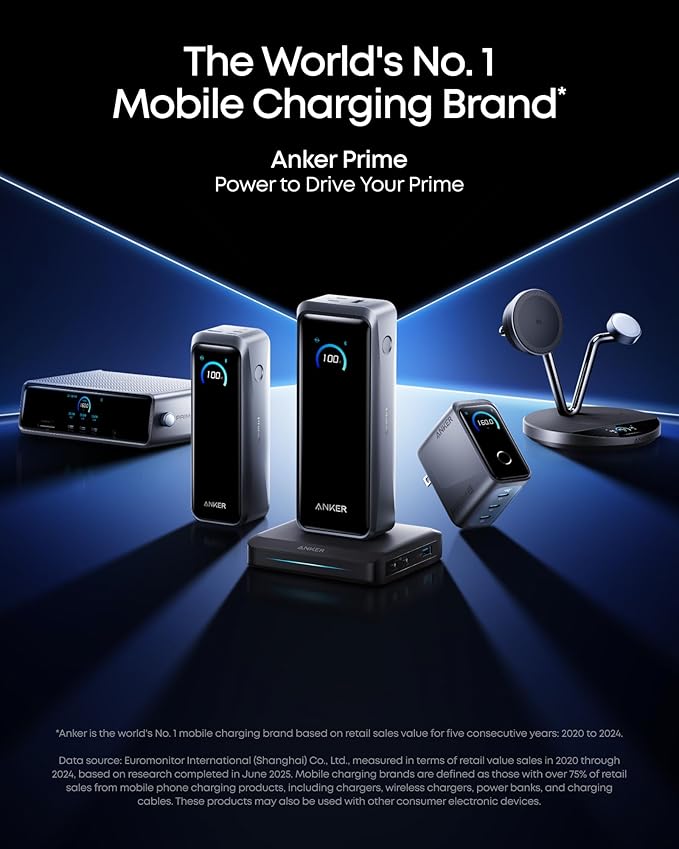 Anker Prime Charger, 160W 3-Port Compact GaN USB C Charger Block, Smart Display and Touch Control, 140W Max Charging via Any Single Port, for MacBook Pro/Air, Laptop, iPhone 17/16 Series(Non-Battery)