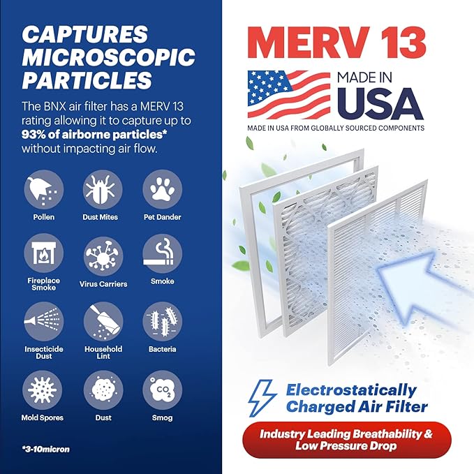 BNX TruFilter 14x24x1 Air Filter MERV 13 (6-Pack) - MADE IN USA - Electrostatic Pleated Air Conditioner HVAC AC Furnace Filters for Allergies, Pollen, Mold, Bacteria, Smoke, Allergen, MPR 1900 FPR 10