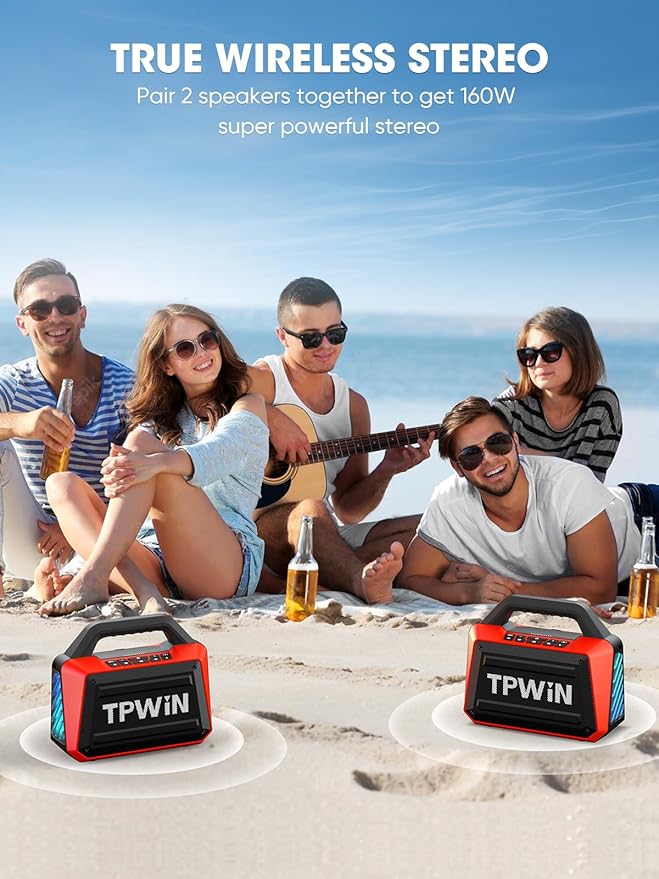 TPWIN Portable Bluetooth Speakers - Wireless Speaker 80W Peak, Loud Speaker with Light, Strong Bass, BT 5.3, TWS, IPX6 Waterproof, 20H Playtime for Home Party Outdoor Beach Camping - Red