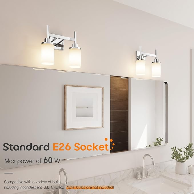 AONEON Vanity Lights Polished Chrome Bathroom Light Fixtures with White Frosted Glass Shade, Double Wall Sconces for Mirror Hallway Entrance Porch T001CH-L2