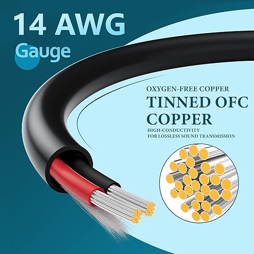 HiFind 14/2 Gauge Speaker Wire Cable 150 Ft-Tinned OFC Copper-UL CL3 Rated- Indoor/Outdoor-Pro Series 14 AWG-UV PVC Jacket&Cotton, Hi-Fi Sound for Car Audio,Home Theater Speakers,Stereos-Black