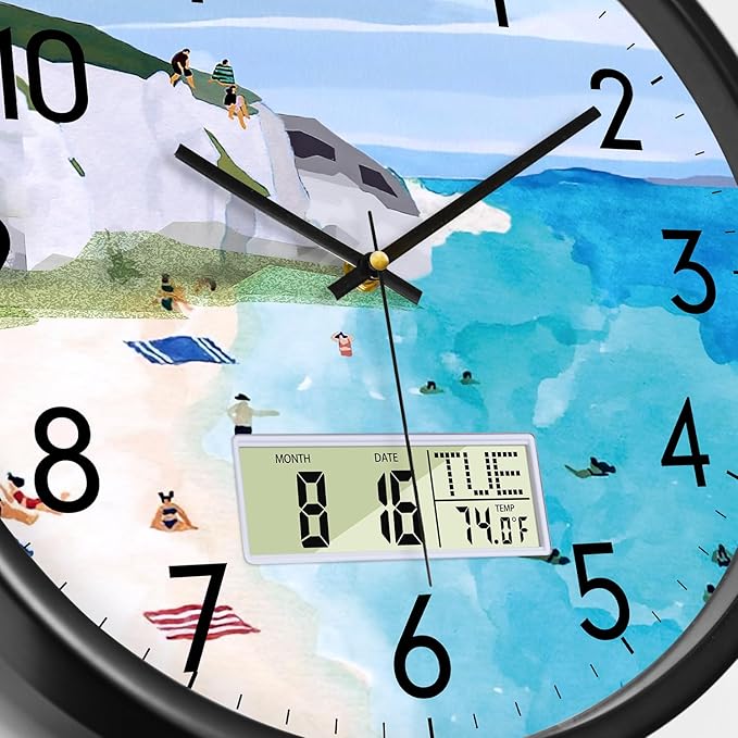 SCOAGE Silent Wall Clock with Temperature Day and Date Blue Mountain and Sea Beach Non-ticking Kitchen Clock Digital Large Display Battery Operated Clocks Decor for Bathroom Living Room Office 14 Inch