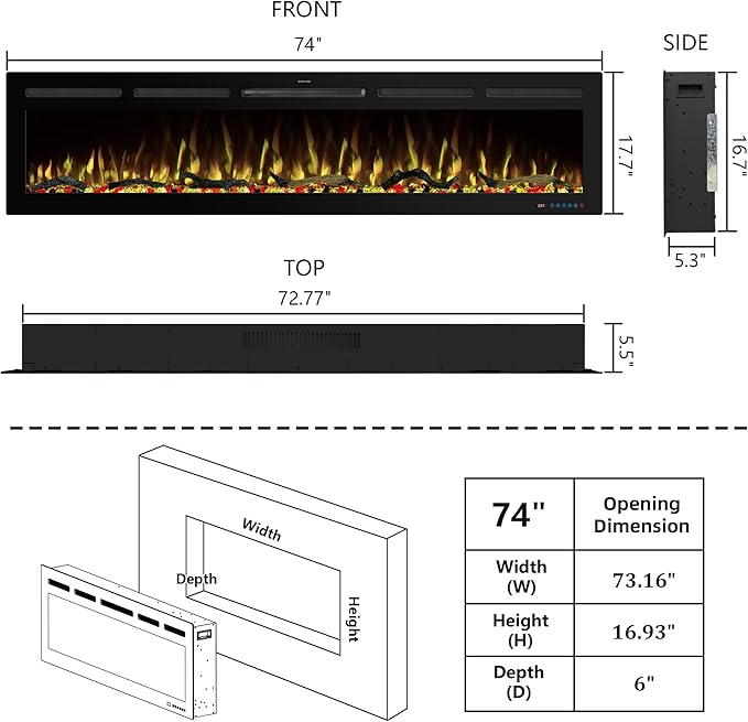 74" WiFi Electric Fireplace Inserts, Recessed and Wall Mounted Fireplace Heater W/Adjustable Flame Color & Brightness, Thermostat, 9H Timer, App and Remote Control, Low Noise, 750/1500W