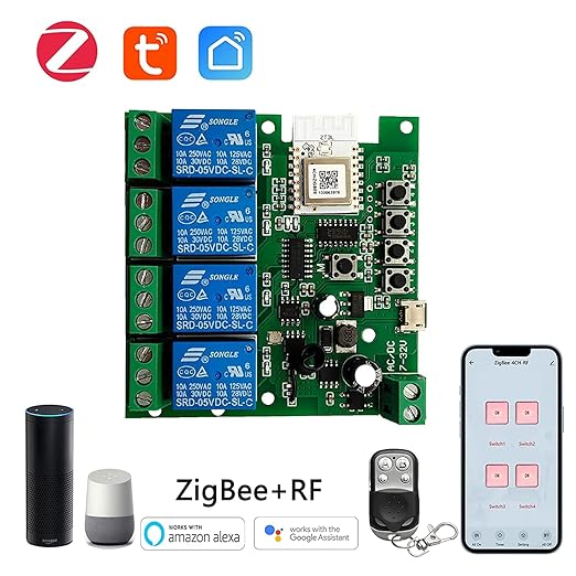 Newgoal Zigbee Tuya Smart 4 Channel Smart Relay Module with 433RF Remote Control USB 5V 7-32V Jog/Lock Switch Compatible with Alexa Google Home (Requires ZigBee Hub)