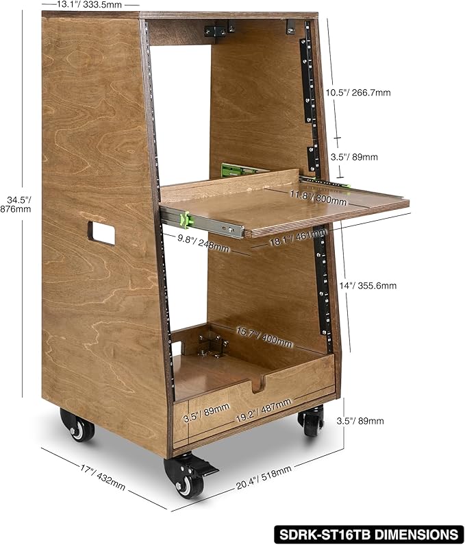 Sound Town DIY Slanted 16U Studio Rack (8U Top + 8U Lower), with 2U Bottom Storage, Slide-Out Tray, Caster, Plywood, Weathered Brown For Recording Room, Home Studio (SDRK-ST16TB)