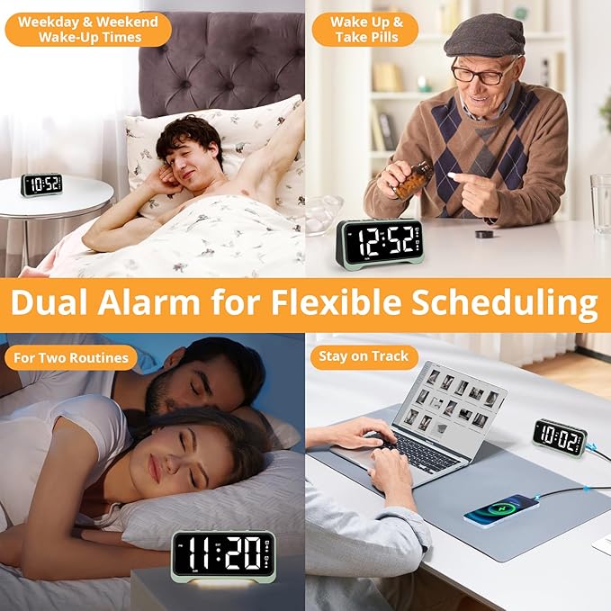 Loud Alarm Clock for Heavy Sleepers Adults/Kids, Dual Vibrating Alarm Clock Bed Shaker for Hearing Impaired/Deaf, 7.5’’ Large Display with Dimmer, Weekday/Weekend Mode, Nightlight, USB Port, Snooze