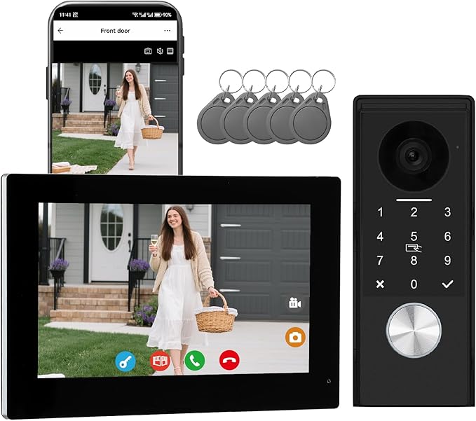 KeonBell Video Door intercom 2-Wired, doorbell withCamera, Full HD Camera, Door intercomSupports Password, 7" WiFi Monitor andTuya APP, 2-Way Audio, Unlock for HomSecurity System