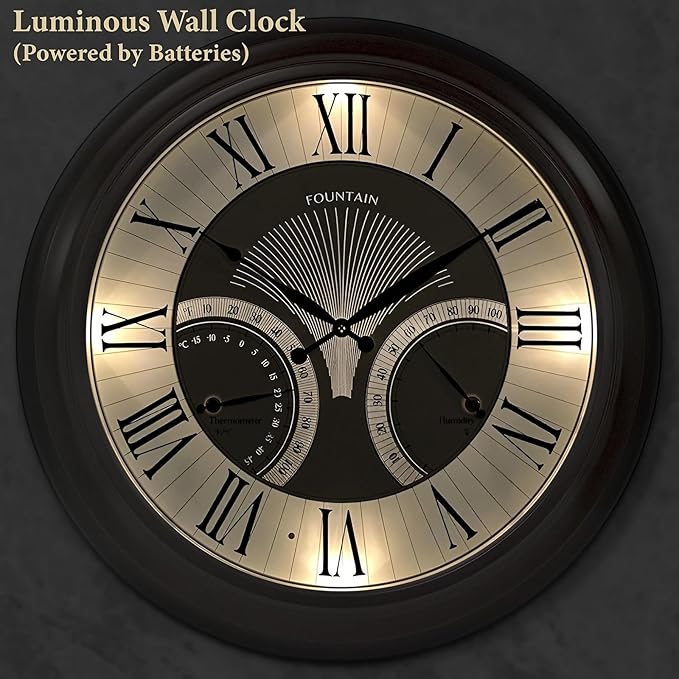 FOUNTAIN DESIGNS 24" Jameson in/Outdoor Lighted Clock, Self-Illuminated, Waterproof, 3 in 1 Weather Station (Thermometer & Hygrometer), Metal Clock, Oil Rubbed Bronze Finish(Night Light)