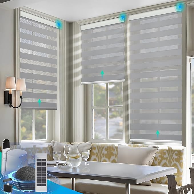 DENFOON Motorized Zebra Blinds, Solar Powered Dual Layer Automatic Shades with Remote Control, Rechargeable Smart Blinds Horizontal Wireless Electric Shades for Windows, Custom Size, Gray， 27 x 72