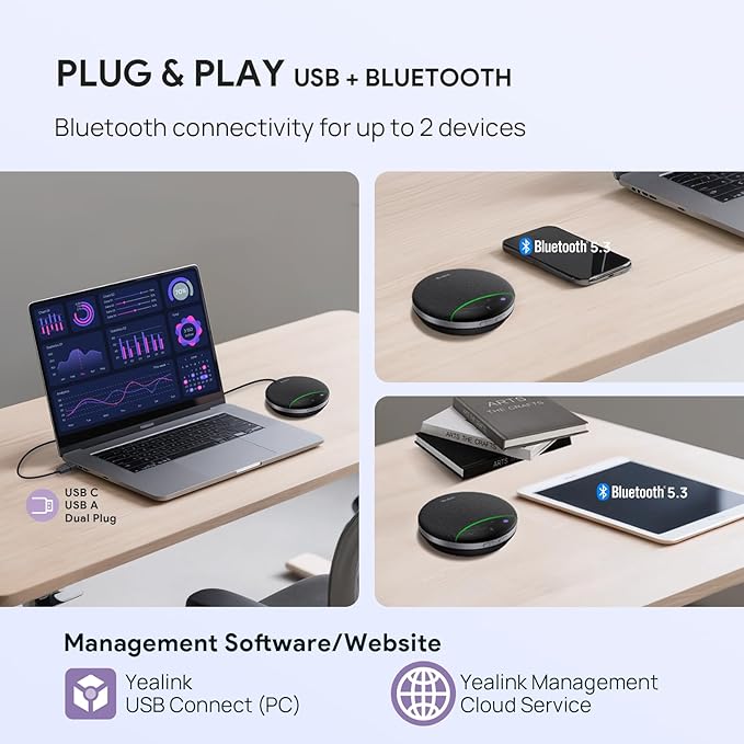 Yealink SP92 USB Speakerphone Bluetooth Conference Speakers and Microphone Teams Certified Full-Duplex Noise Reduction 360° Audio Pickup for Small Meeting Room (NO DONGLE)