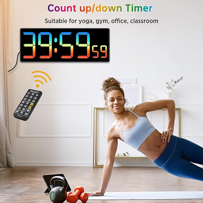 Soobest Digital Wall Clock with Remote Countdown Electrical Timer Seconds for Gym Living Room Office Classroom, 8 RGB Colors, Auto DST, Corded Plug in Large Display 5 Dimmer (10.2" Multicolor)