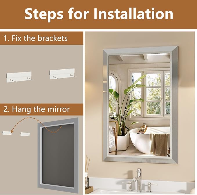 SMIROR Brushed Silver Bathroom Mirror for Over Sink, 20”x 24” Metal Thick Framed Rectangle Vanity Mirror for Wall, Right Angle Corner, Anti-Rust, Horizontally or Vertically Mounted
