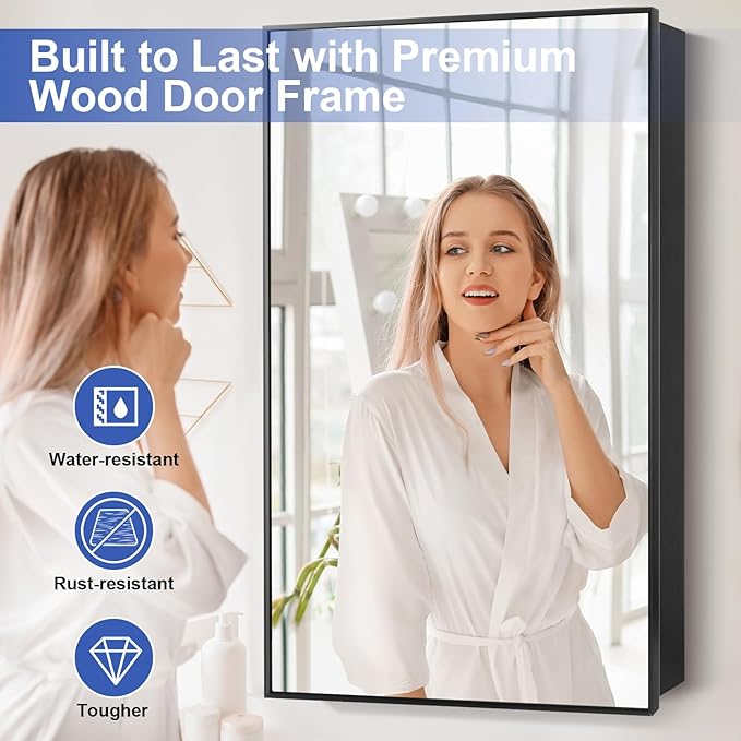 Medicine Cabinet with Mirror, 20x30 Inch Rectangle Wall Mounted Bathroom Vanity Mirror with Storage & Adjustable Tempered Glass Shelves Medicine Cabinets for Bathroom, Black