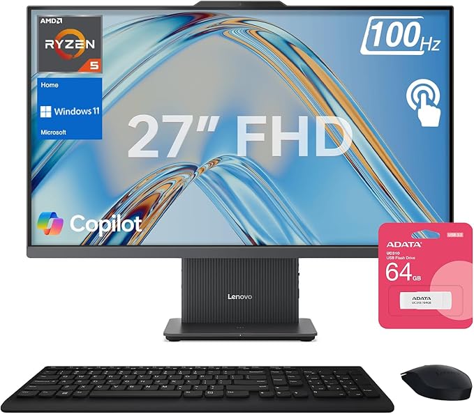 Lenovo IdeaCentre Business All-in-One, 27" FHD Touchscreen 100Hz, AMD Ryzen 5 7535HS, 16GB DDR5 RAM, 2TB SSD, Webcam, Wireless KB & Mouse, Windows 11 Home, Bundle with Adata 64GB USB Flash Drive