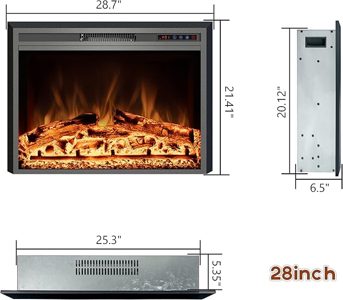 Electric Fireplace, 28" Electric Fireplace Inserts, Recessed Fireplace Heater with Remote Control, Adjustable Flame Colors, Timer&Overheating Protection, 750/1500W