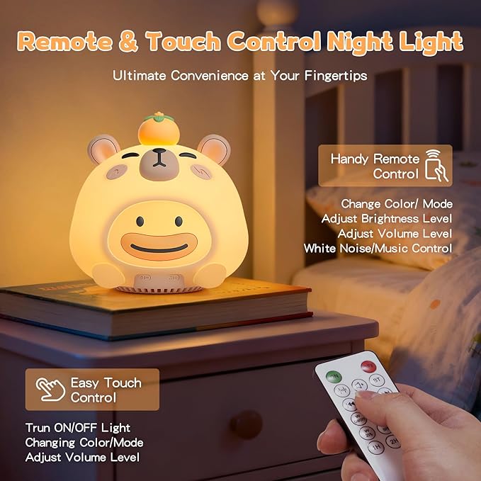 Baby Sound Machine, 20 Soothing Sounds White Nosie for Sleeping, Rechargeable Night Light with Speaker, 3 Brightness Levels Remote and Tap Control, Nursey Lamp for Baby, Kids Bed Room (Capybala)