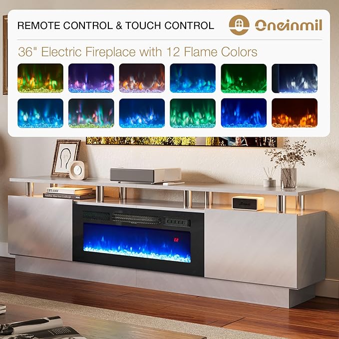 oneinmil Fireplace TV Stand with 36” Electric Fireplace, 80” 2 Tier TV Console Stand for TVs Up to 90", LED Light Entertainment Center, Fireplace for The Living Room TV Stand, Gray