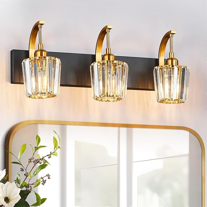 FDPBY Modern Bathroom Vanity Light, 3-Light Black Gold Wall Sconce with Crystal Accents, Over Mirror Bathroom Lighting Fixture, 23.62" Long Dimmable Vanity Lamp for Makeup, Easy Installation