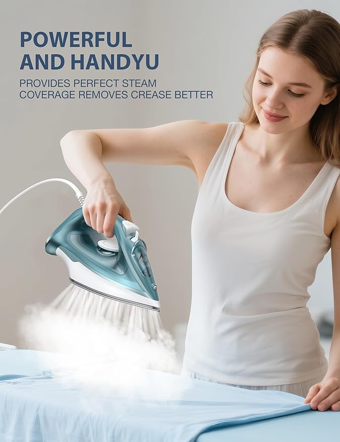 Steam Iron for Clothes - 1500W Iron with Ceramic Coated Soleplate, Rapid Heating, Self-Cleaning, Auto-Off, 11.84oz Water Tank, Precise Thermostat, Home Use Green