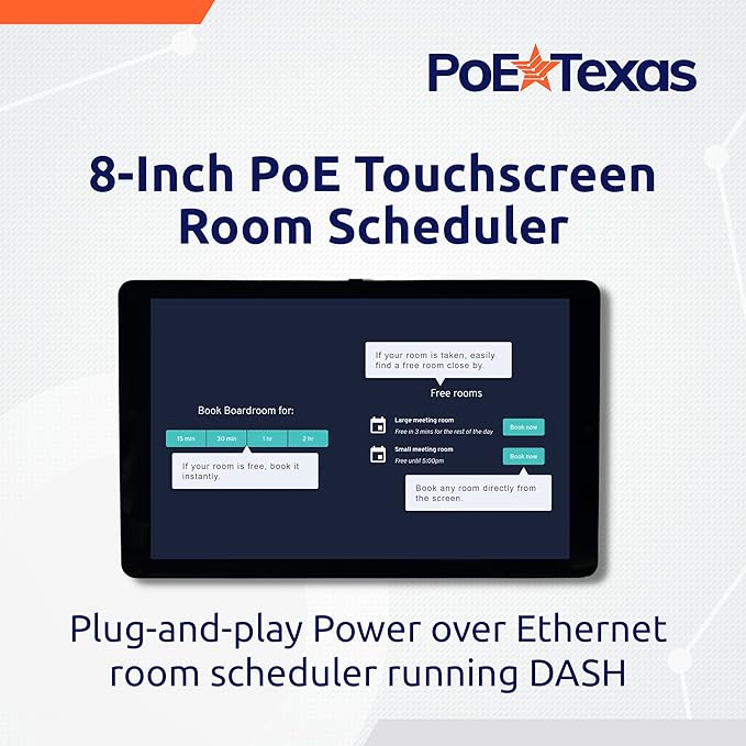 PoE Texas 8" Touchscreen Meeting Room Scheduler Tablet (No Subscription Required) - Plug and Play PoE Office Conference Room Scheduler - Digital Display Syncs with Business Calendar