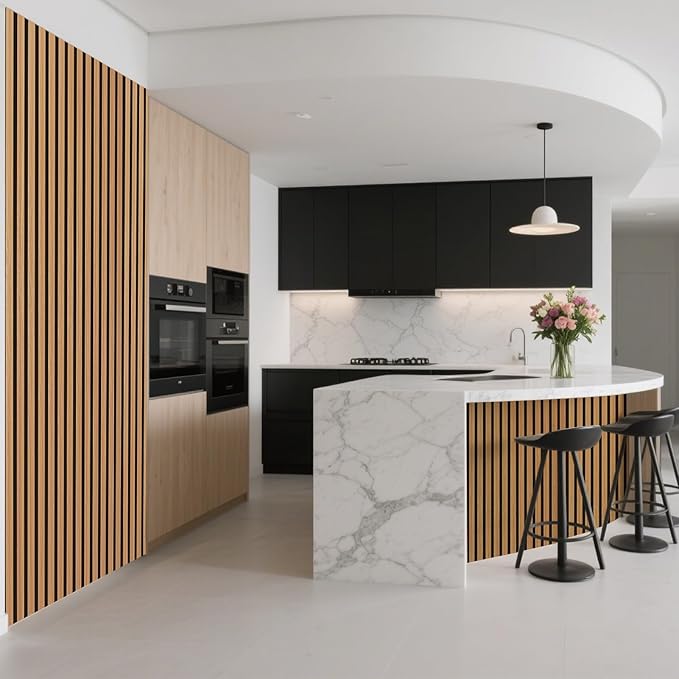 Art3d 2-Pack Acoustic Wood Slat Wall Panel with Roll-Flat Design - 95.3 x 23.8 Inch Sound Absorbing Panels for Living Room Columns Corridor Curved Wall Decor, Teak
