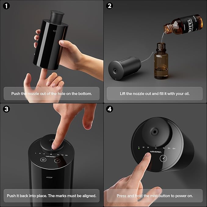 Airversa Waterless Diffuser for Essential Oil, Car Diffsuer, Battery Operated Nebulizer, 0.7 Fl Oz/ 20mL, Mini Scent Air Machine, 3 Timers & 3 Mist Levels for Home, Room, Office - AN6 Black 2 Pack