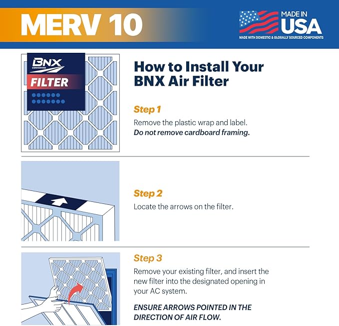 BNX TruFilter 20x25x1 MERV 10 (4-Pack) AC Furnace Air Filter - MADE IN USA - Pleated Air Conditioner HVAC AC Furnace Filters - Removes Odor, Mold, Bacteria, Smoke
