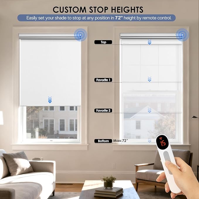Motorized Blackout Smart Roller Blinds with Remote Control & Solar Panel - Automatic Electric Shades for Windows, Compatible with Alexa - White,34¾"W*72" H