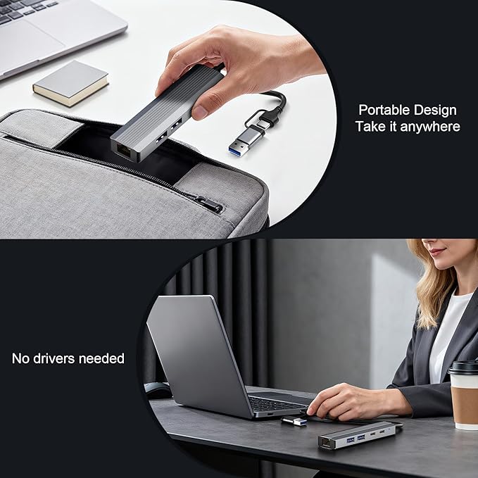 USB Hub with Ethernet, USB C to Ethernet Adapter with 2X USB 3.0, USB C 3.0, Gigabit Rj45 Port, Plug and Play, Multiport Network Adapter for Laptop MacBook iPad XPS Windows