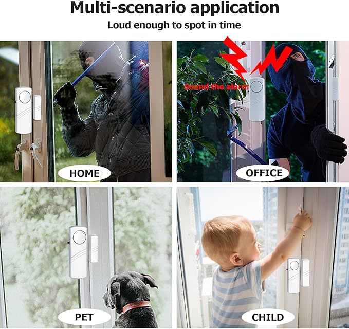 Security Door Window Alarm, Wireless Sensor Door Window Burglar Alarm, Door Alarms for Kids Safety, Easy Installation Doorbell Alarms for Office House Window Pool (4 Pack)