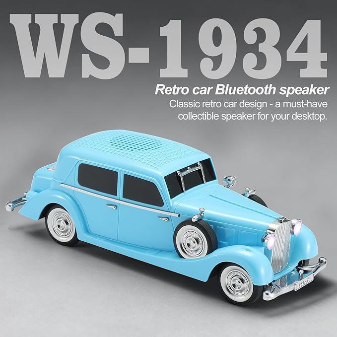 WSTER Vintage Car Bluetooth Speaker, Retro Classic Model with Powerful Sound, Built-in Mic, TWS Dual Pairing, Multi-Interface Output, Portable Wireless Outdoor Speaker for Parties & Beach (Blue)
