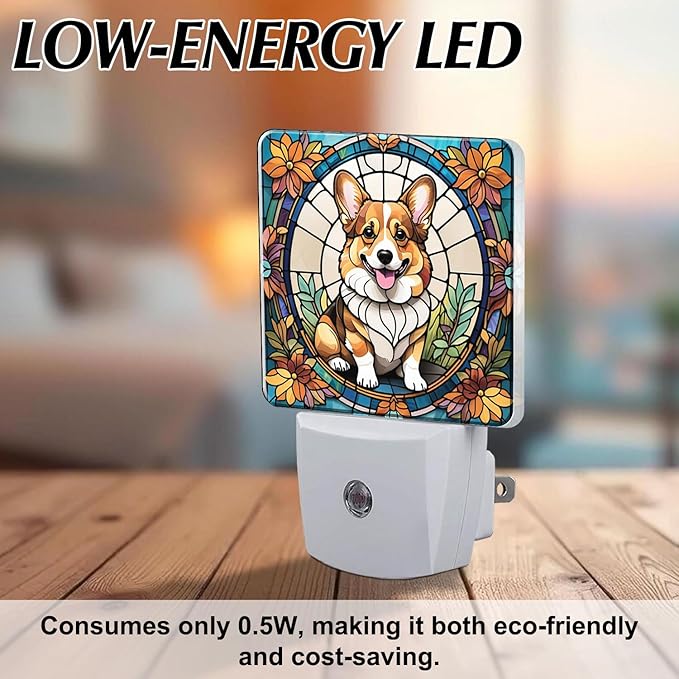 PODMemory Corgi Stained Glass Night Lights Plug into Wall for Room, Corgi Night Light LED for Bedroom