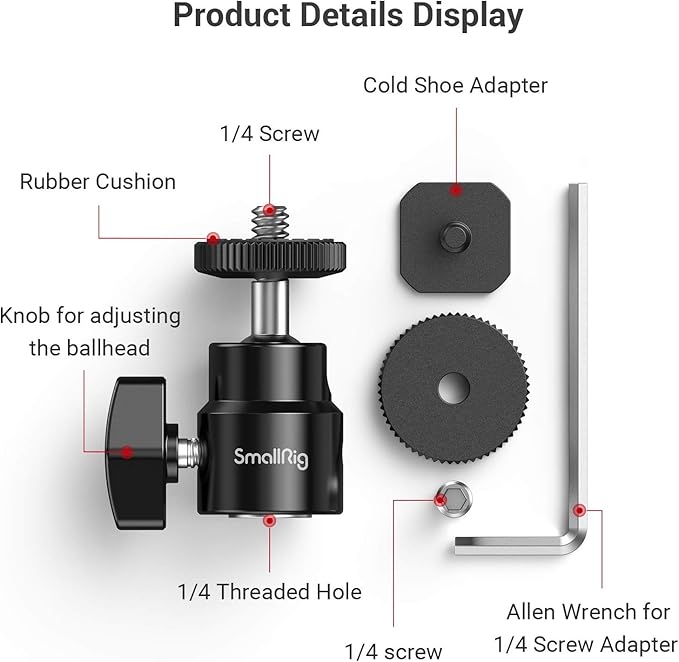 SmallRig 1/4" Camera Hot Shoe Mount, Ballhead Tripod with Additional 1/4" Screw, 2pcs Pack - 2059