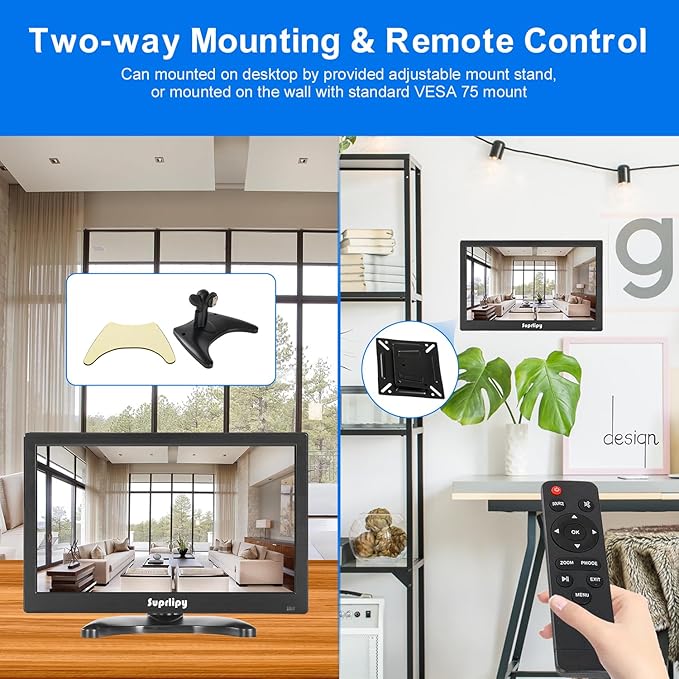 Suprlipy 13.3 inch FHD Small IPS Monitor LCD Display Screen 1920x1080 60Hz 16:9 with BNC VGA AV Input Built-in Lounspeakers for CCTV Security Camera DVR PC RasPi