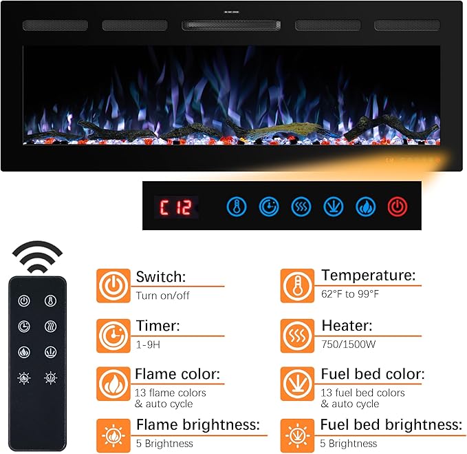 65" WiFi Electric Fireplace Inserts, Recessed and Wall Mounted Fireplace Heater W/Adjustable Flame Color & Brightness, Thermostat, 9H Timer, App and Remote Control, Low Noise, 750/1500W