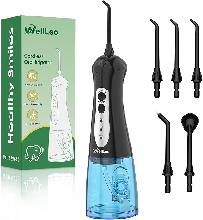 WellLeo Water Flossers for Teeth, Portable Oral Irrigator Rechargeable Water Dental Flosser Pick with High Pressure 5 Jet Tips, IPX7 Travel Water Flossing for Brace Teeth Cleaner Gum Care
