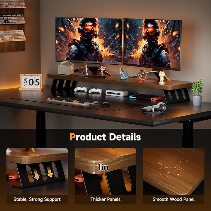 NestNeat Dual Monitor Stand Riser, 39 Inch Large Wood Monitor Stands for 2 Monitors, Desk Monitor Riser for Computer/Laptop/Printer/TV, Stand Riser up to 220 lbs