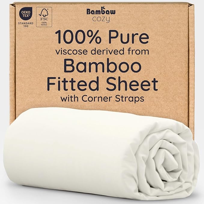 Bambaw 100% Viscose Derived from Bamboo Sheets Twin Size, Cooling Fitted Sheet Only, Twin Size Fitted Sheets Only, 15’’ Deep Pocket Cream Fitted Sheet with Straps, Twin Bed Fitted Sheet Only (Ivory)