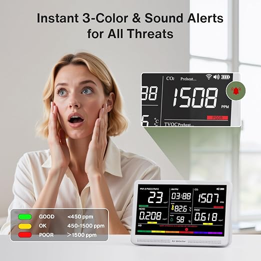 bonoch 16 in 1 Air Quality Monitor Indoor 7" Display 9 AQI+7 Alerts, CO2 - Image 5